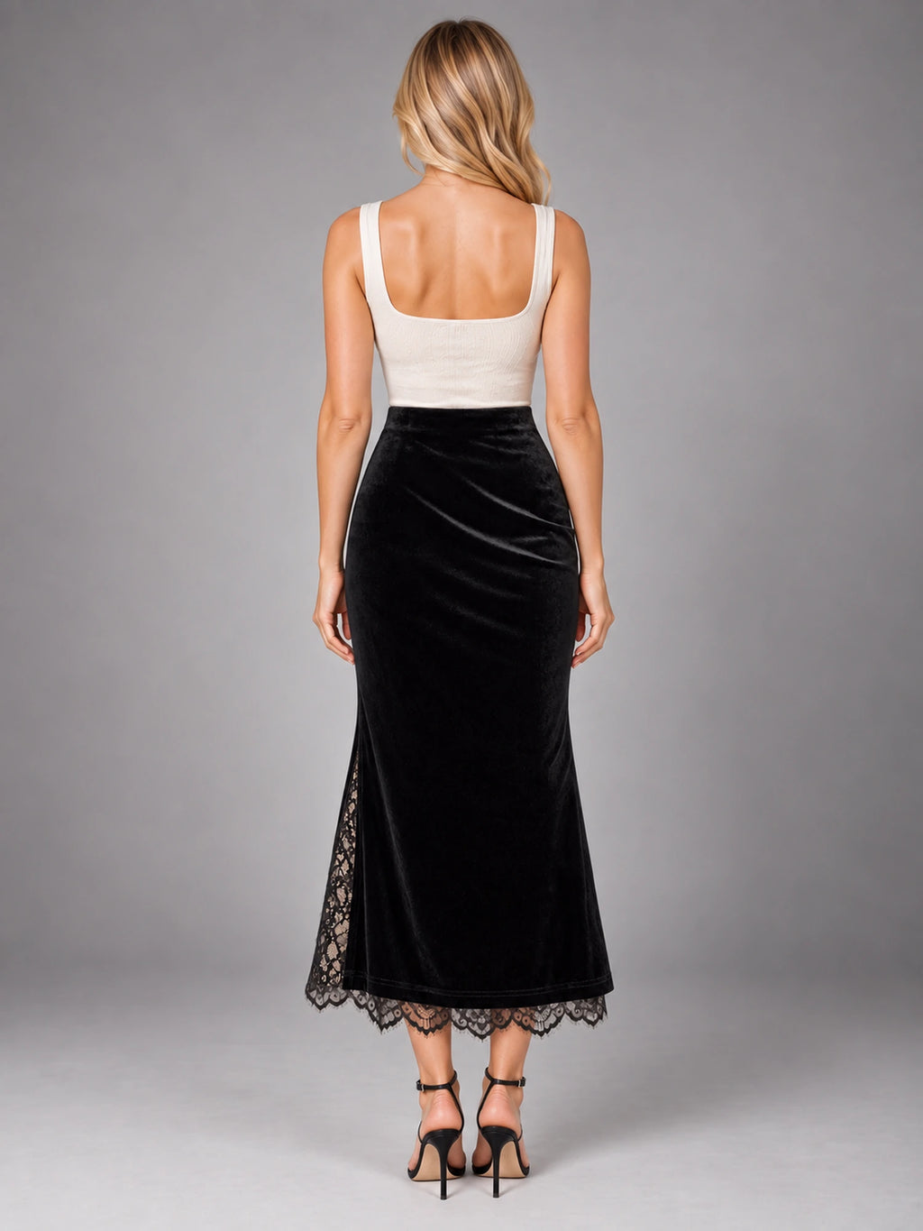 Women's Velvet Pencil Skirt – Lace Detail Slit in Black — back view