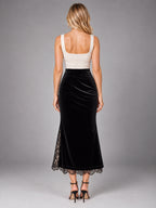 Women's Velvet Pencil Skirt – Lace Detail Slit in Black — back view