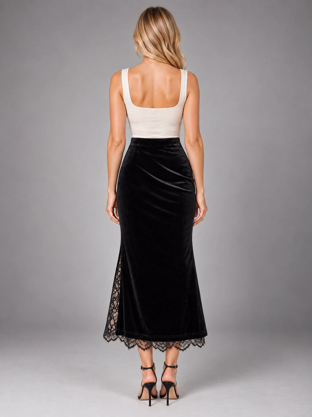 Women's Velvet Pencil Skirt – Lace Detail Slit in Black — back view