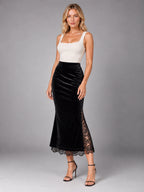 Women's Velvet Pencil Skirt – Lace Detail Slit in Black — alternate view