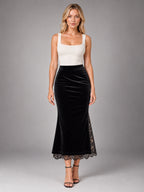 Women's Velvet Pencil Skirt – Lace Detail Slit in Black — front view