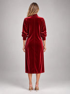 Women's Velvet Shirt Dress – Collared Knee Length in Wine Red — back view