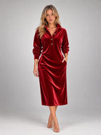 Women's Velvet Shirt Dress – Collared Knee Length in Wine Red — alternate view