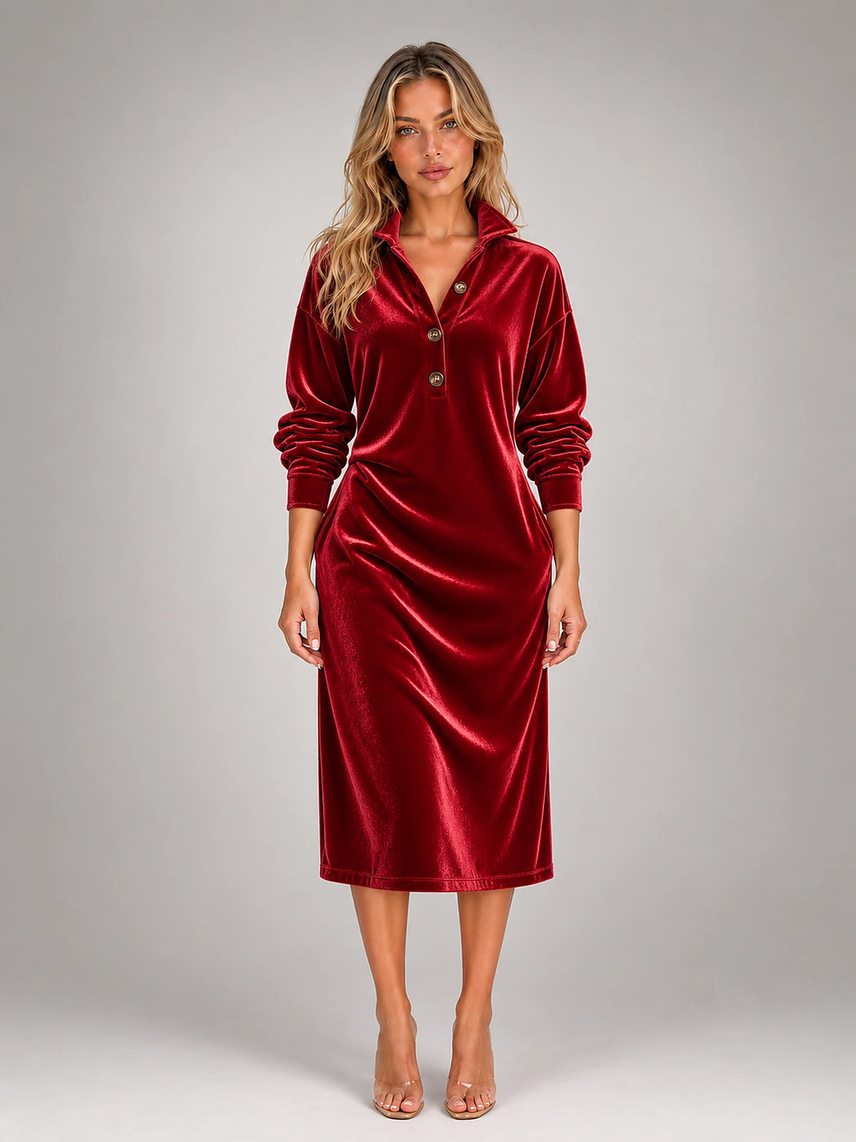 Women's Velvet Shirt Dress – Collared Knee Length in Wine Red — front view
