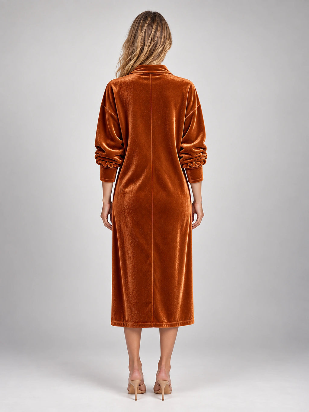 Women's Velvet Shirt Dress – Collared Knee Length in Copper — back view