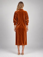 Women's Velvet Shirt Dress – Collared Knee Length in Copper — back view