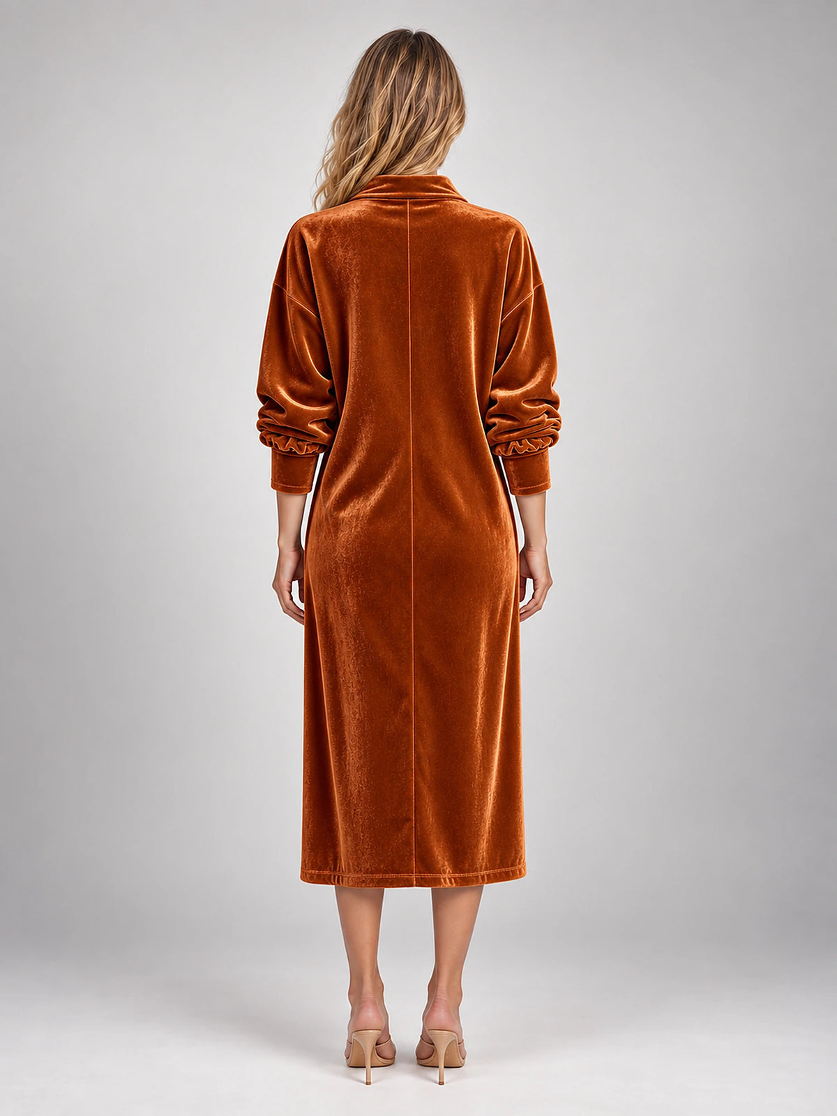 Women's Velvet Shirt Dress – Collared Knee Length in Copper — back view