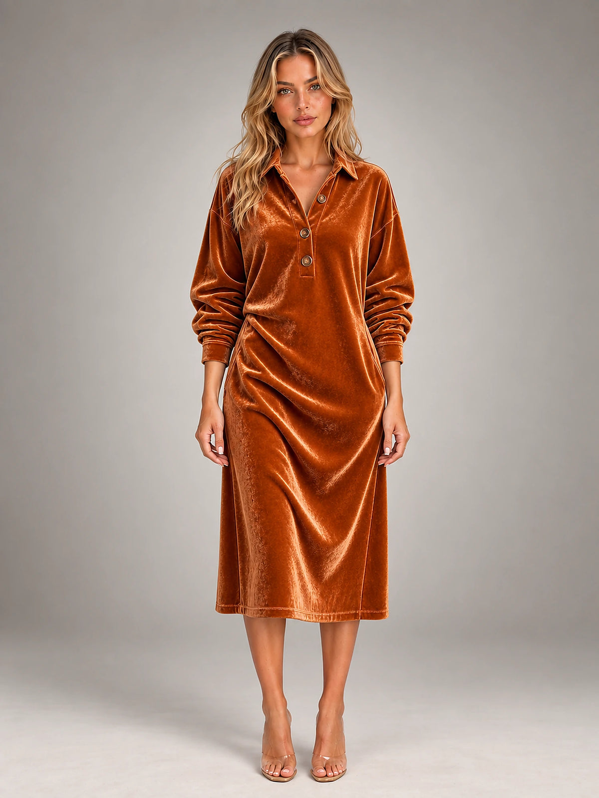 Women's Velvet Shirt Dress – Collared Knee Length in Copper — front view