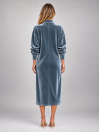 Women's Velvet Shirt Dress – Collared Knee Length in Slate Blue — back view