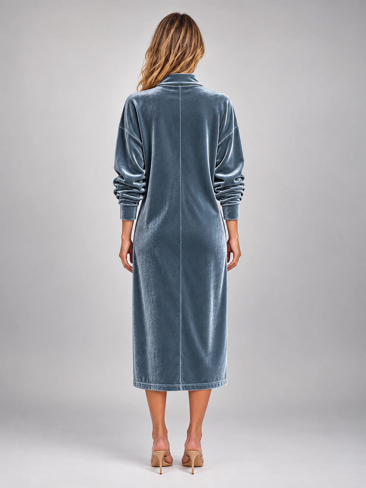 Women's Velvet Shirt Dress – Collared Knee Length in Slate Blue — back view