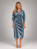 Women's Velvet Shirt Dress – Collared Knee Length in Slate Blue — front view