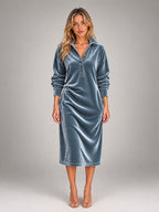 Women's Velvet Shirt Dress – Collared Knee Length in Slate Blue — front view