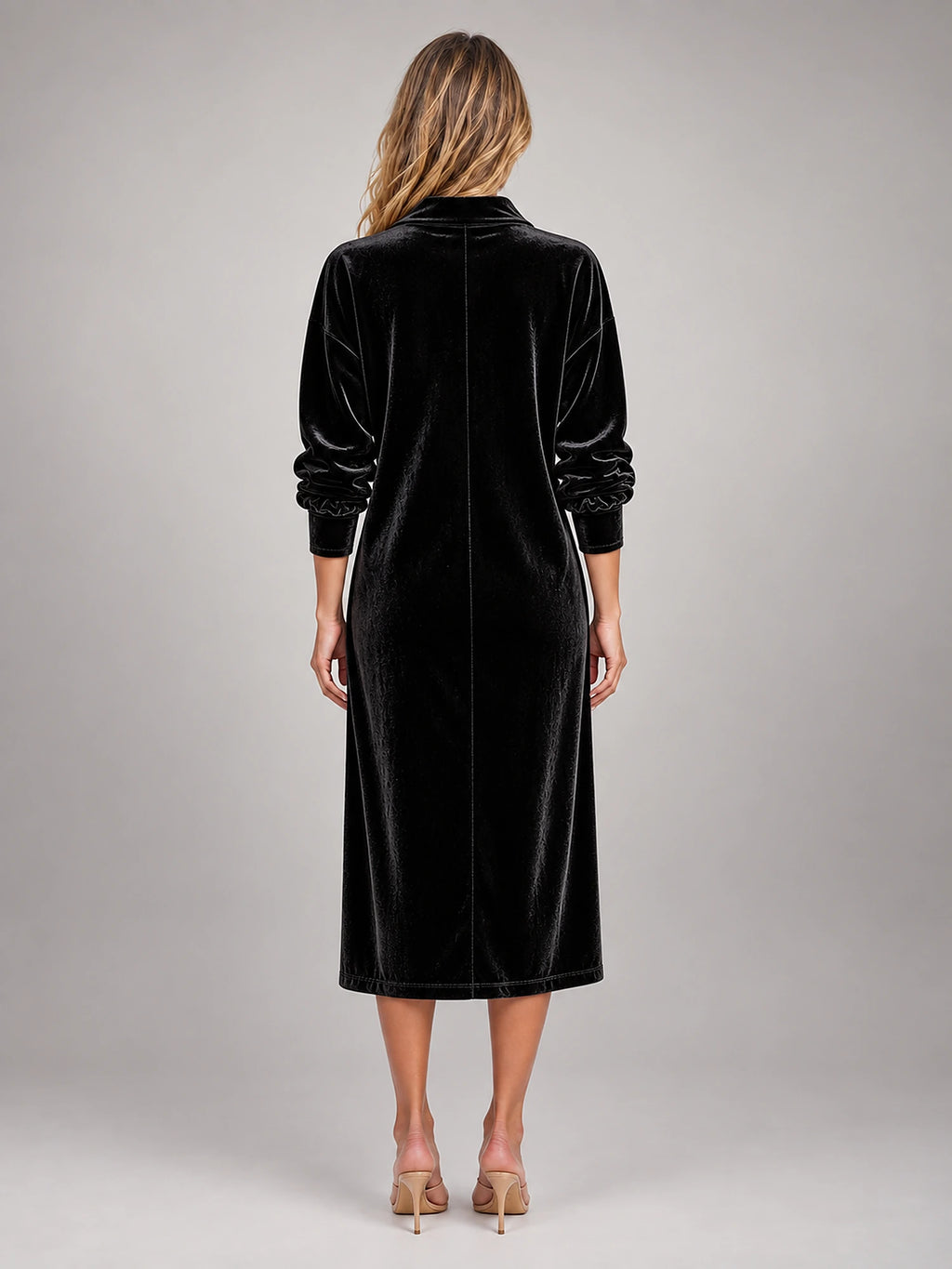 Women's Velvet Shirt Dress – Collared Knee Length in Black — back view