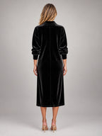Women's Velvet Shirt Dress – Collared Knee Length in Black — back view