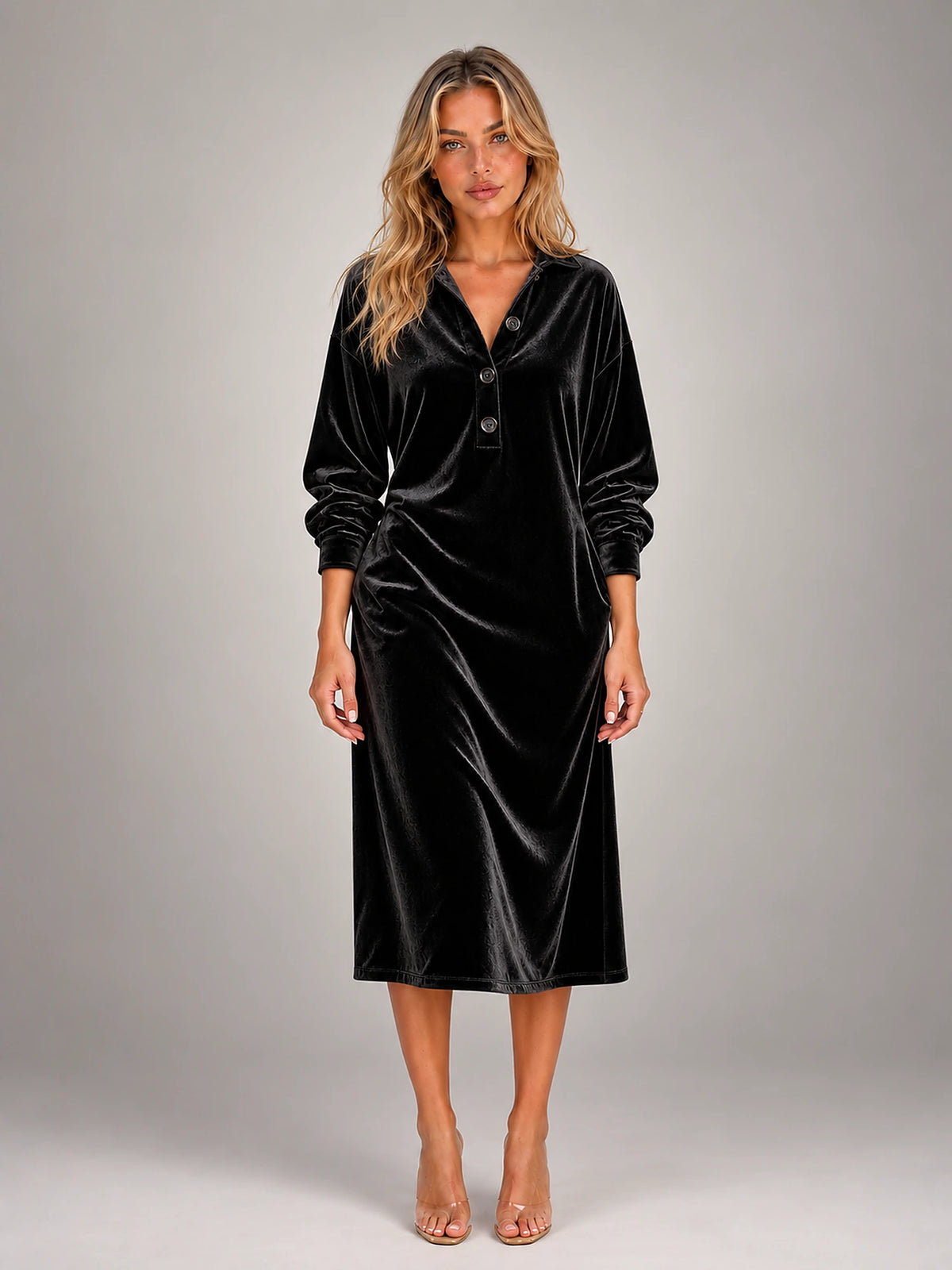 Women's Velvet Shirt Dress – Collared Knee Length in Black — front view