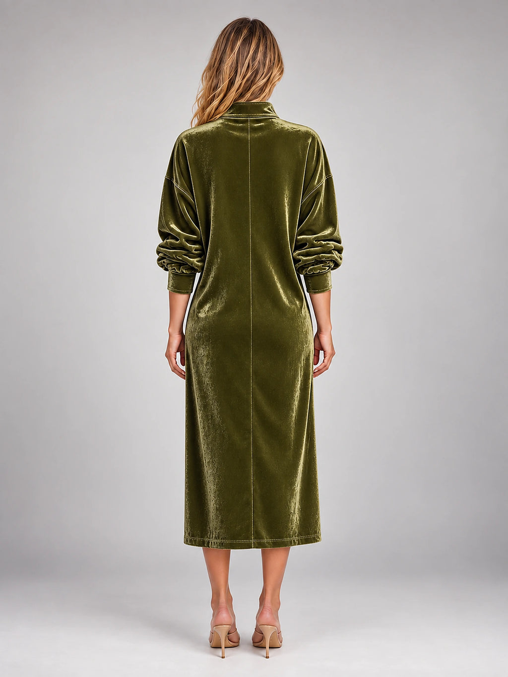 Women's Velvet Shirt Dress – Collared Knee Length in Olive Green — back view