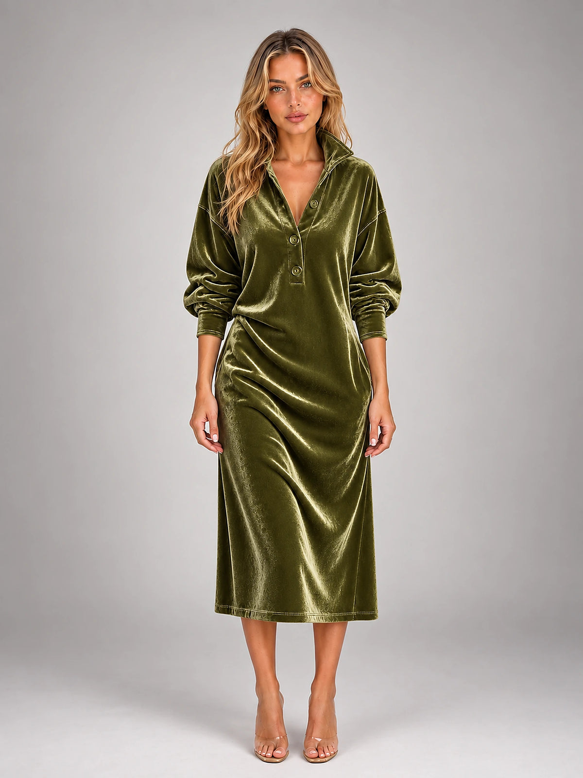 Women's Velvet Shirt Dress – Collared Knee Length in Olive Green — front view