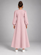 Women's Velvet Sweatshirt Dress – Flap Pocket A-Line in Blush Pink — back view