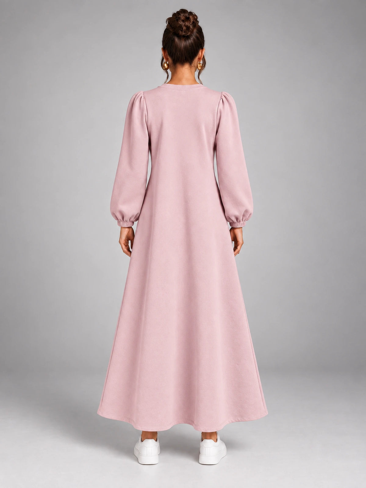 Women's Velvet Sweatshirt Dress – Flap Pocket A-Line in Blush Pink — back view