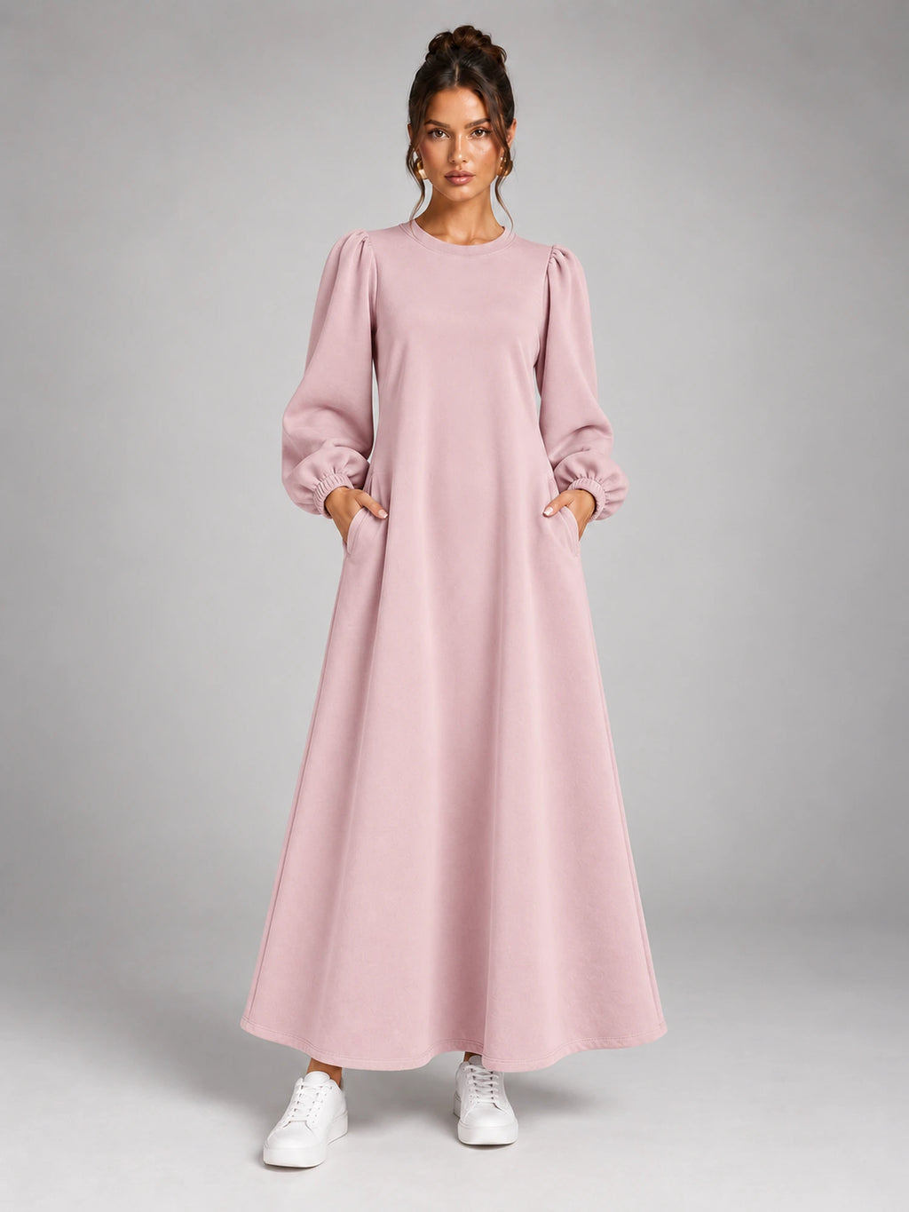 Women's Velvet Sweatshirt Dress – Flap Pocket A-Line in Blush Pink — front view