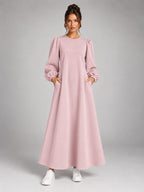 Women's Velvet Sweatshirt Dress – Flap Pocket A-Line in Blush Pink — front view