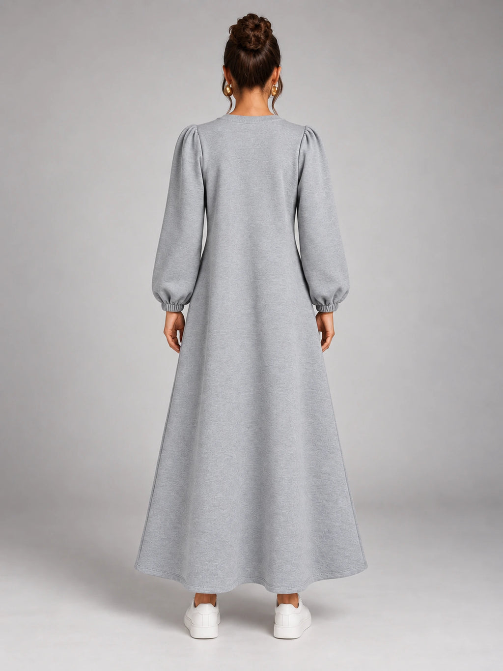 Women's Velvet Sweatshirt Dress – Flap Pocket A-Line in Heather Grey — back view