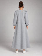 Women's Velvet Sweatshirt Dress – Flap Pocket A-Line in Heather Grey — back view