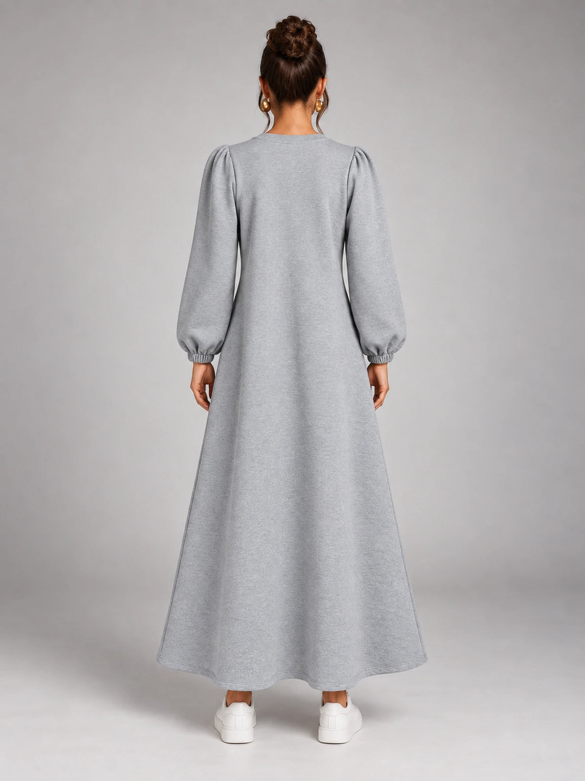 Women's Velvet Sweatshirt Dress – Flap Pocket A-Line in Heather Grey — back view
