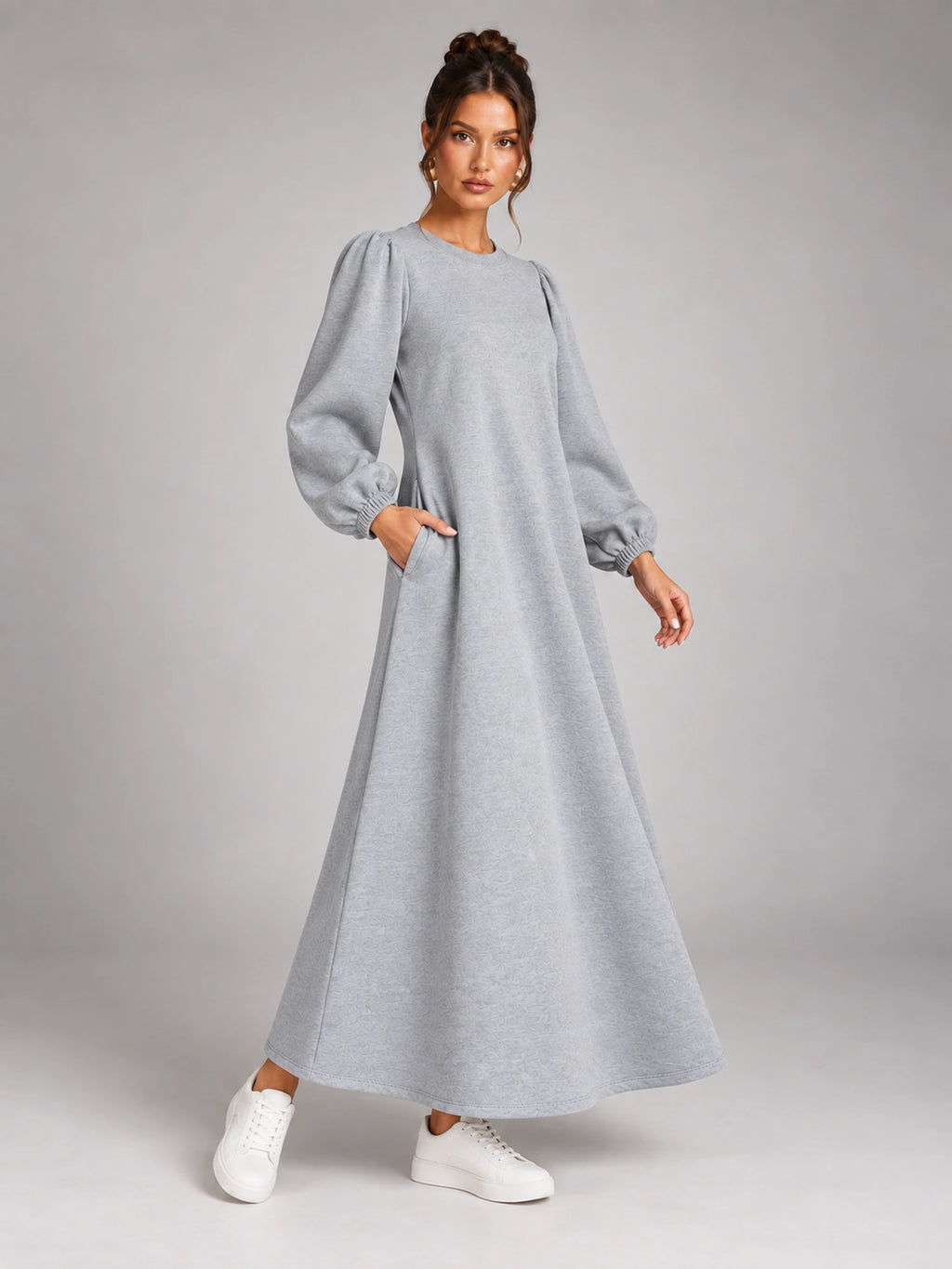 Women's Velvet Sweatshirt Dress – Flap Pocket A-Line in Heather Grey — alternate view