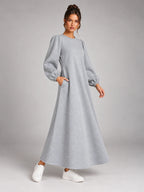 Women's Velvet Sweatshirt Dress – Flap Pocket A-Line in Heather Grey — alternate view