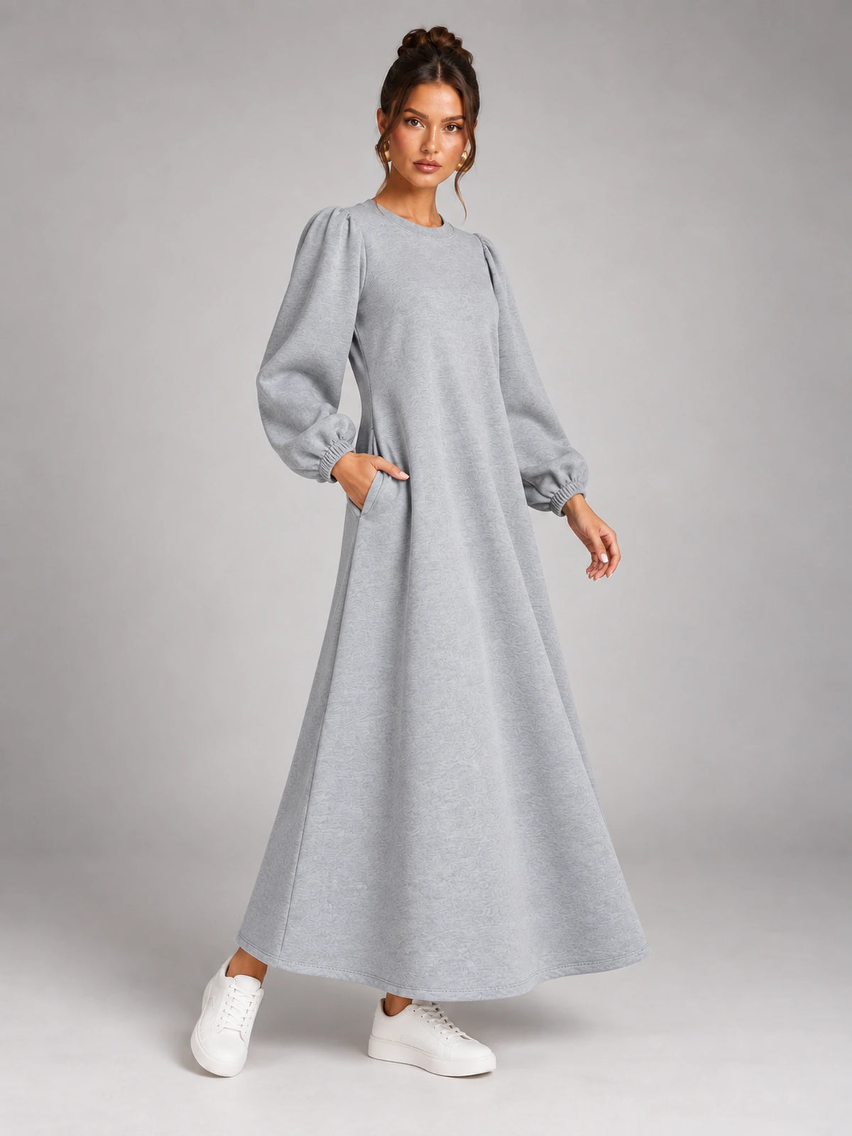 Women's Velvet Sweatshirt Dress – Flap Pocket A-Line in Heather Grey — alternate view