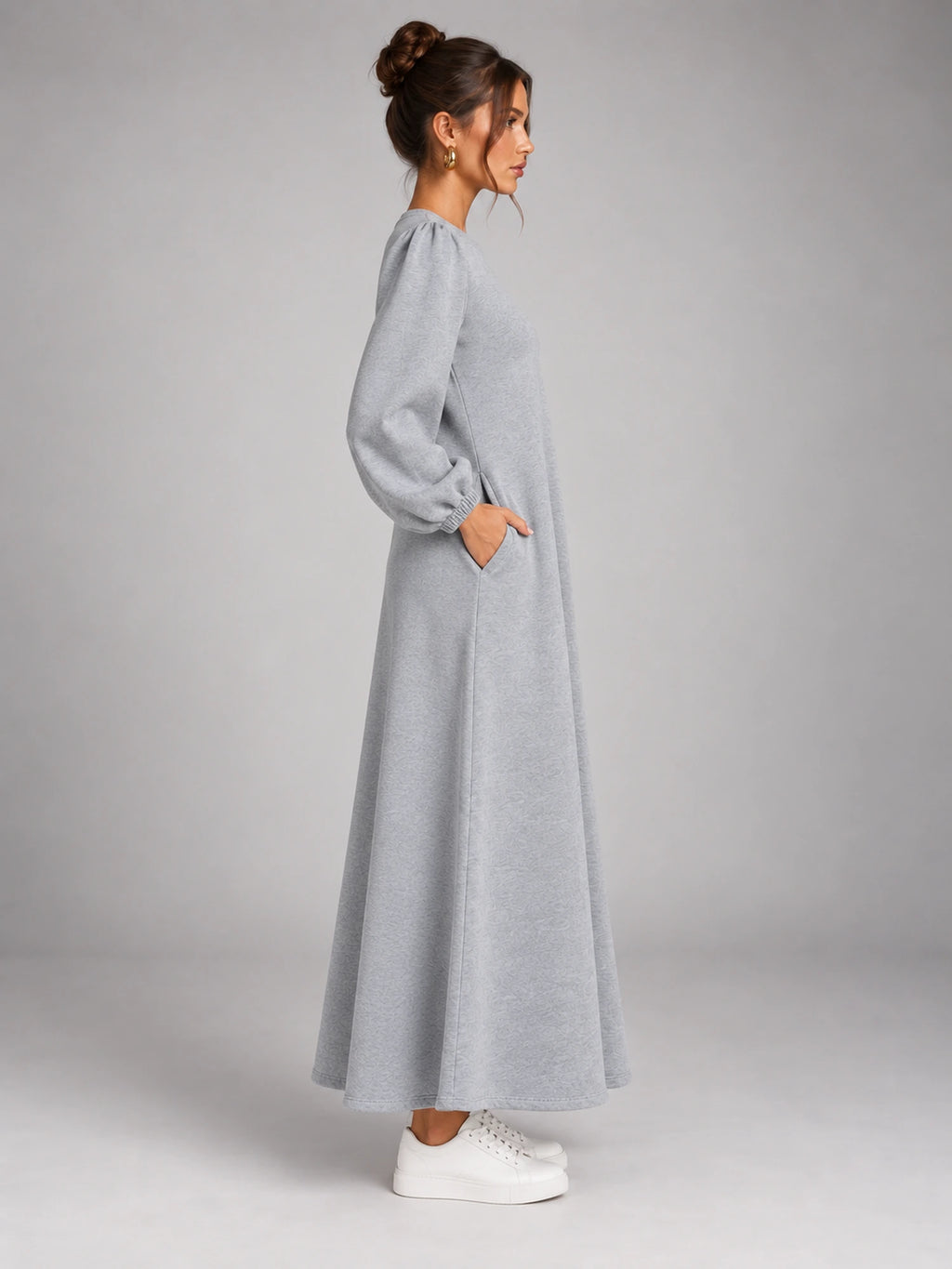 Women's Velvet Sweatshirt Dress – Flap Pocket A-Line in Heather Grey — side view