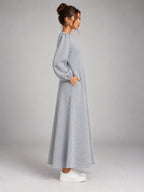 Women's Velvet Sweatshirt Dress – Flap Pocket A-Line in Heather Grey — side view