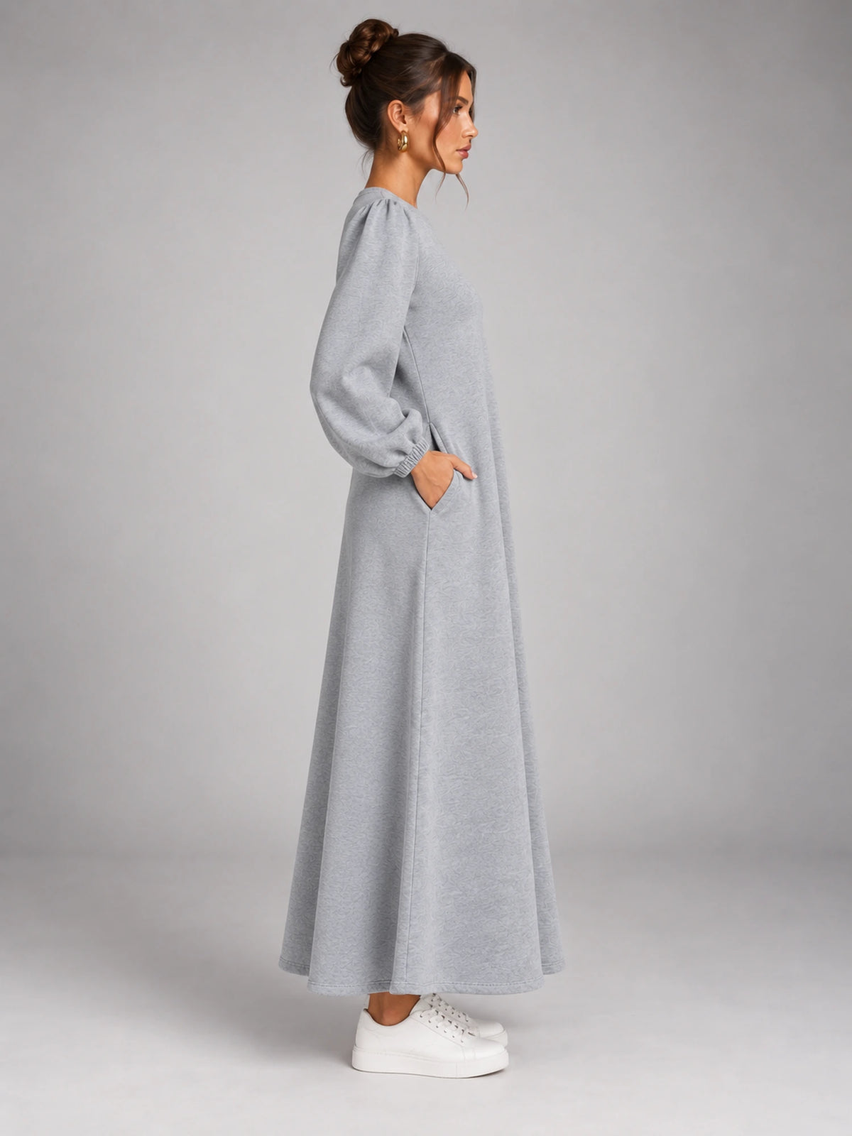 Women's Velvet Sweatshirt Dress – Flap Pocket A-Line in Heather Grey — side view
