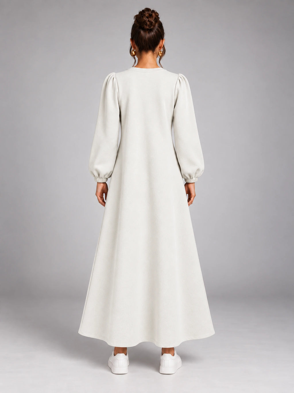 Women's Velvet Sweatshirt Dress – Flap Pocket A-Line in Ivory — back view