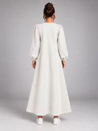 Women's Velvet Sweatshirt Dress – Flap Pocket A-Line in Ivory — back view