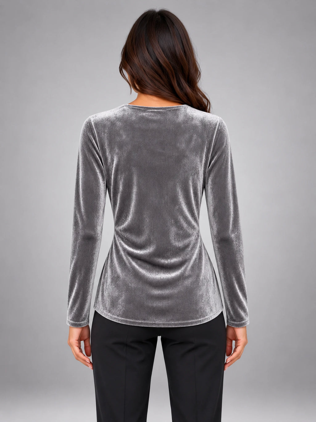 Women's Velvet Wrap Blouse – V-Neck Gathered Sleeve in Silver Grey — back view
