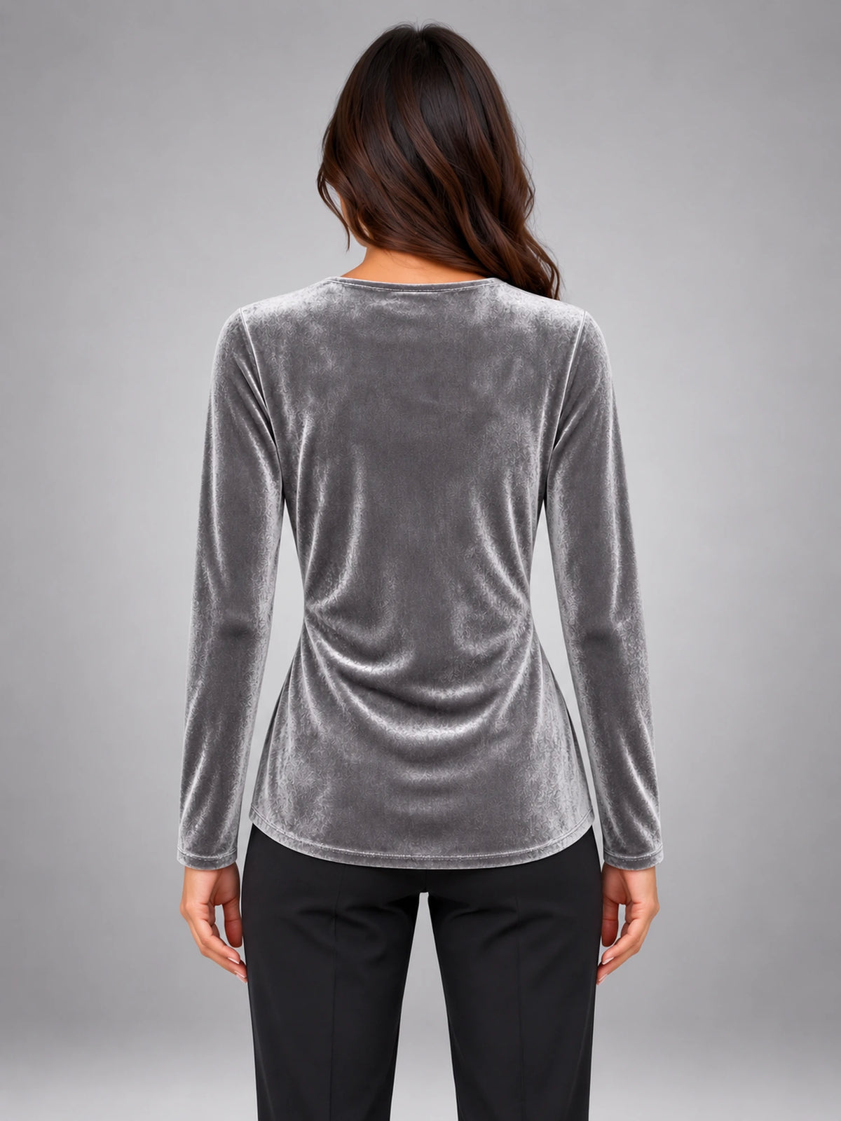 Women's Velvet Wrap Blouse – V-Neck Gathered Sleeve in Silver Grey — back view