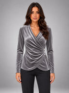 Women's Velvet Wrap Blouse – V-Neck Gathered Sleeve in Silver Grey — front view