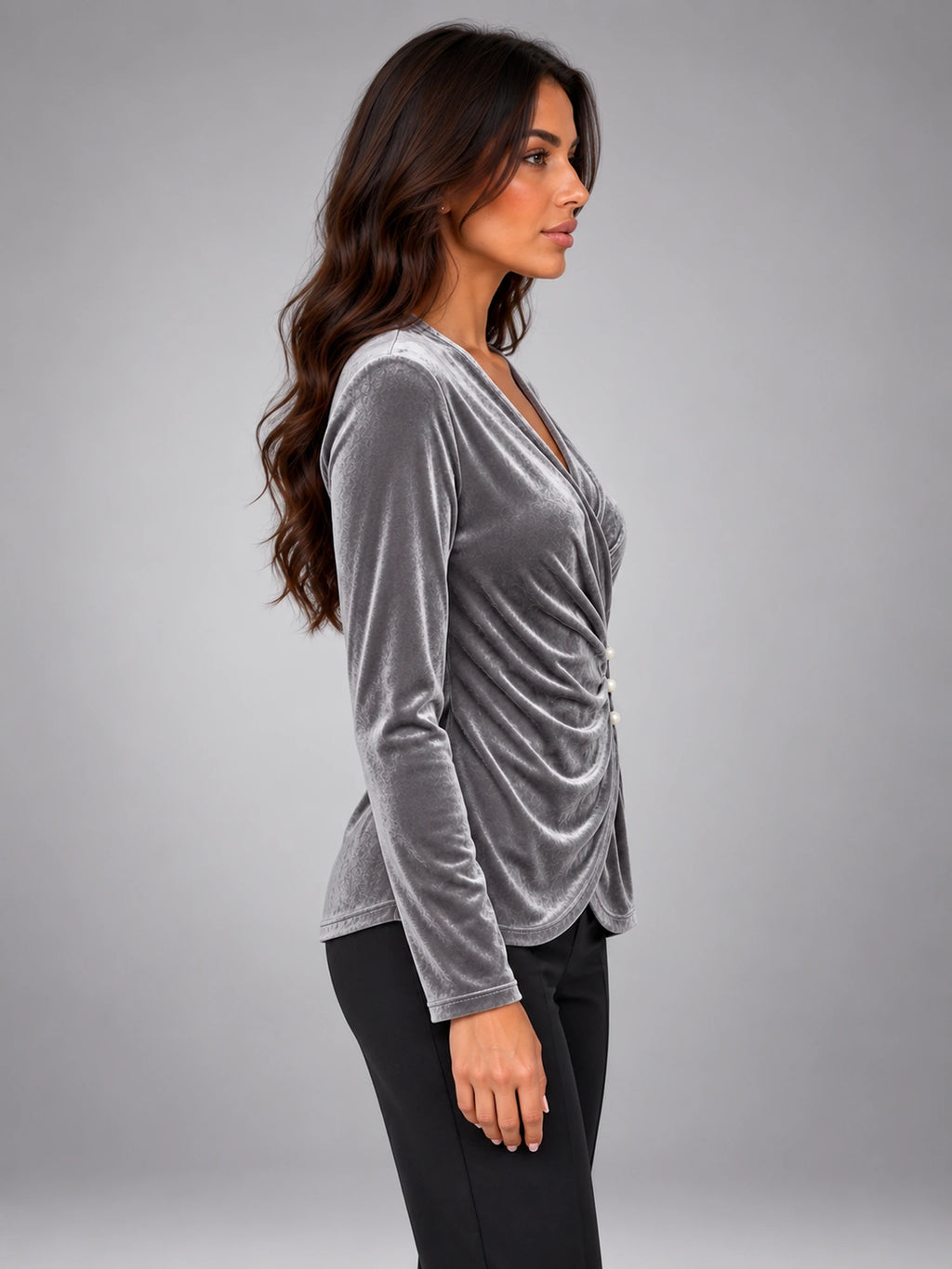 Women's Velvet Wrap Blouse – V-Neck Gathered Sleeve in Silver Grey — side view