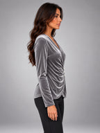 Women's Velvet Wrap Blouse – V-Neck Gathered Sleeve in Silver Grey — side view