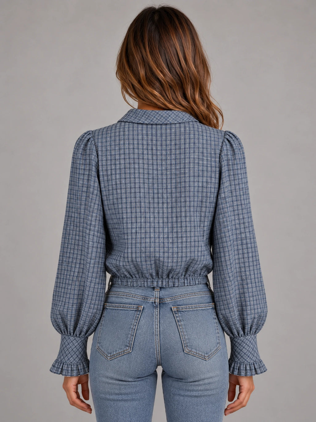 Women's Vintage Check Blouse – Long Sleeve Casual in Blue Grey Check — back view