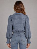 Women's Vintage Check Blouse – Long Sleeve Casual in Blue Grey Check — back view