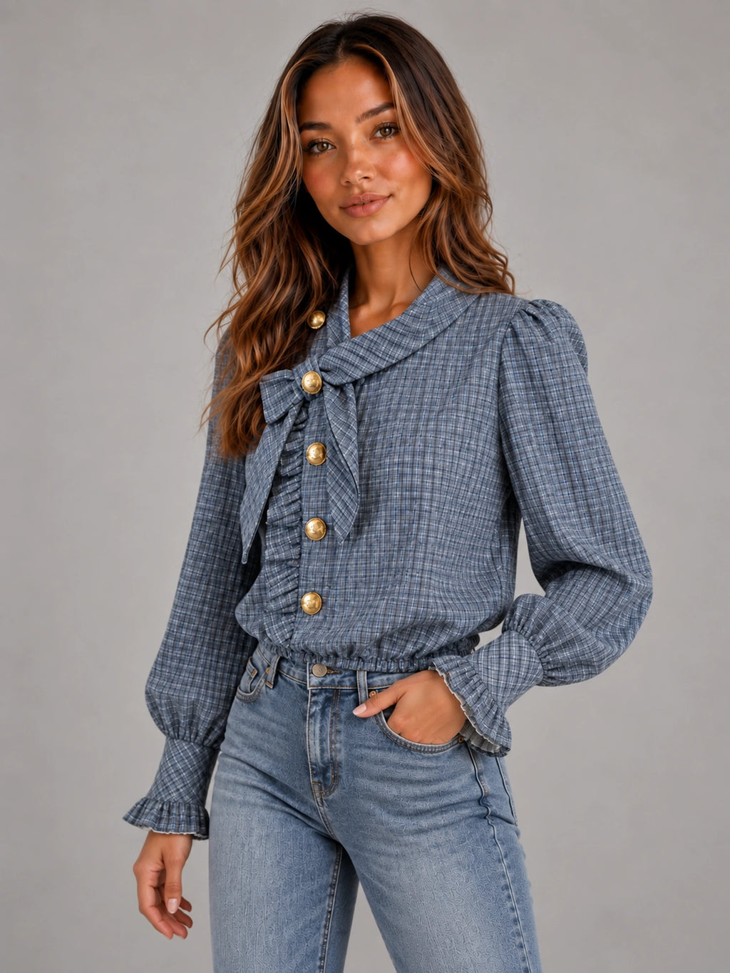 Women's Vintage Check Blouse – Long Sleeve Casual in Blue Grey Check — alternate view
