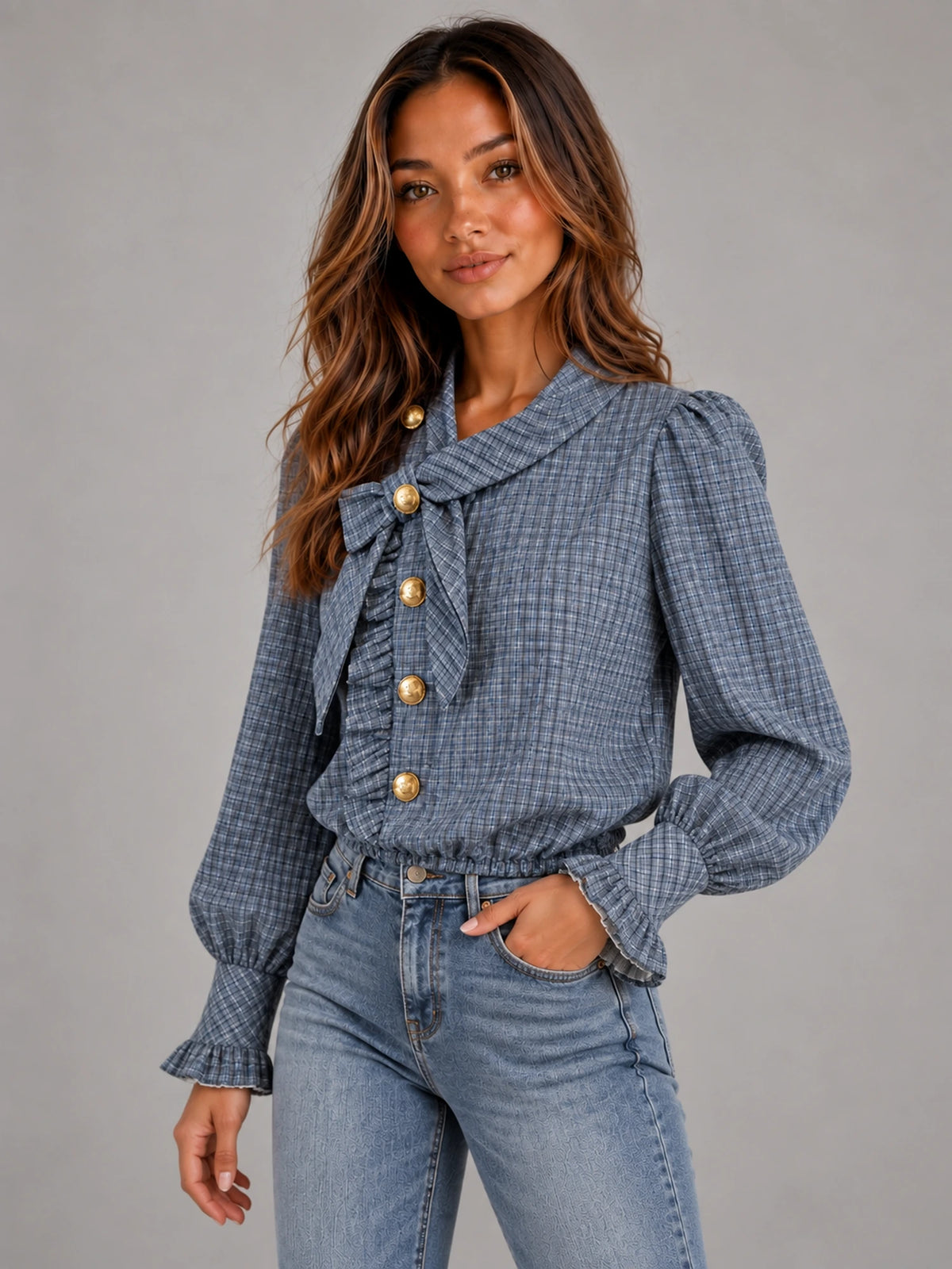 Women's Vintage Check Blouse – Long Sleeve Casual in Blue Grey Check — alternate view
