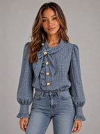 Women's Vintage Check Blouse – Long Sleeve Casual in Blue Grey Check — front view