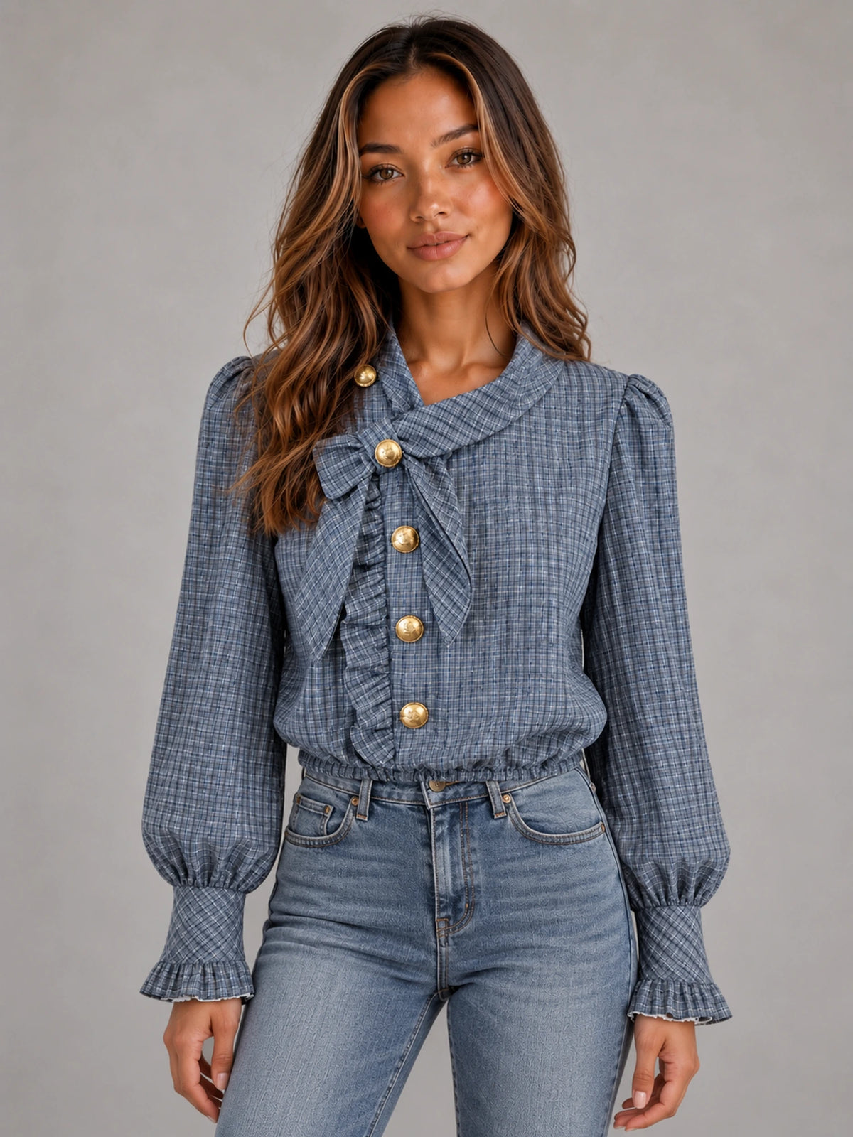 Women's Vintage Check Blouse – Long Sleeve Casual in Blue Grey Check — front view