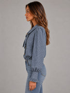 Women's Vintage Check Blouse – Long Sleeve Casual in Blue Grey Check — side view