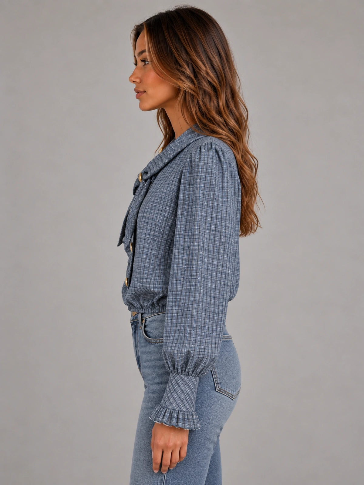 Women's Vintage Check Blouse – Long Sleeve Casual in Blue Grey Check — side view
