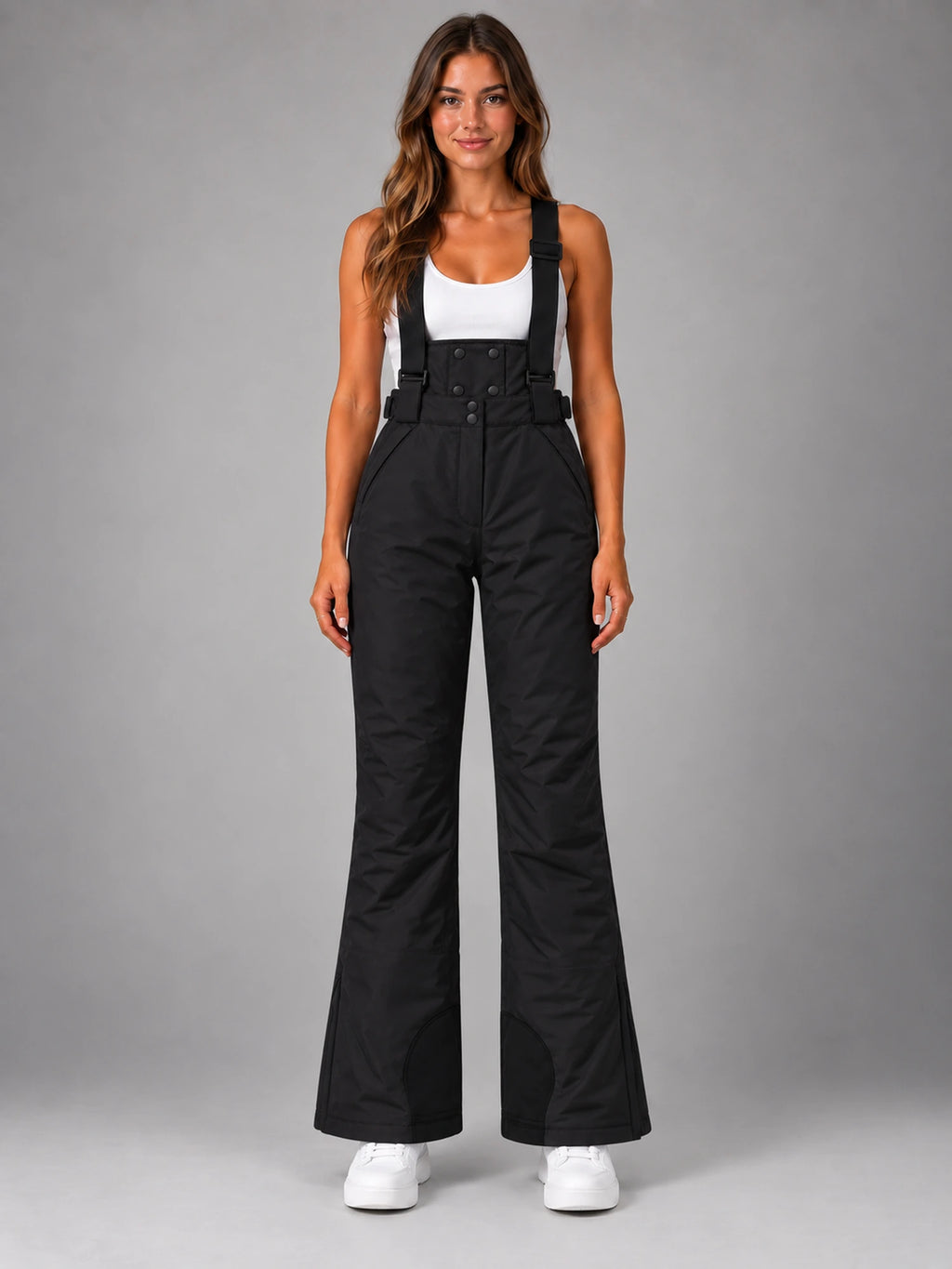 Women's Waterproof Ski Salopettes – Padded Bib Trousers in Black — front view